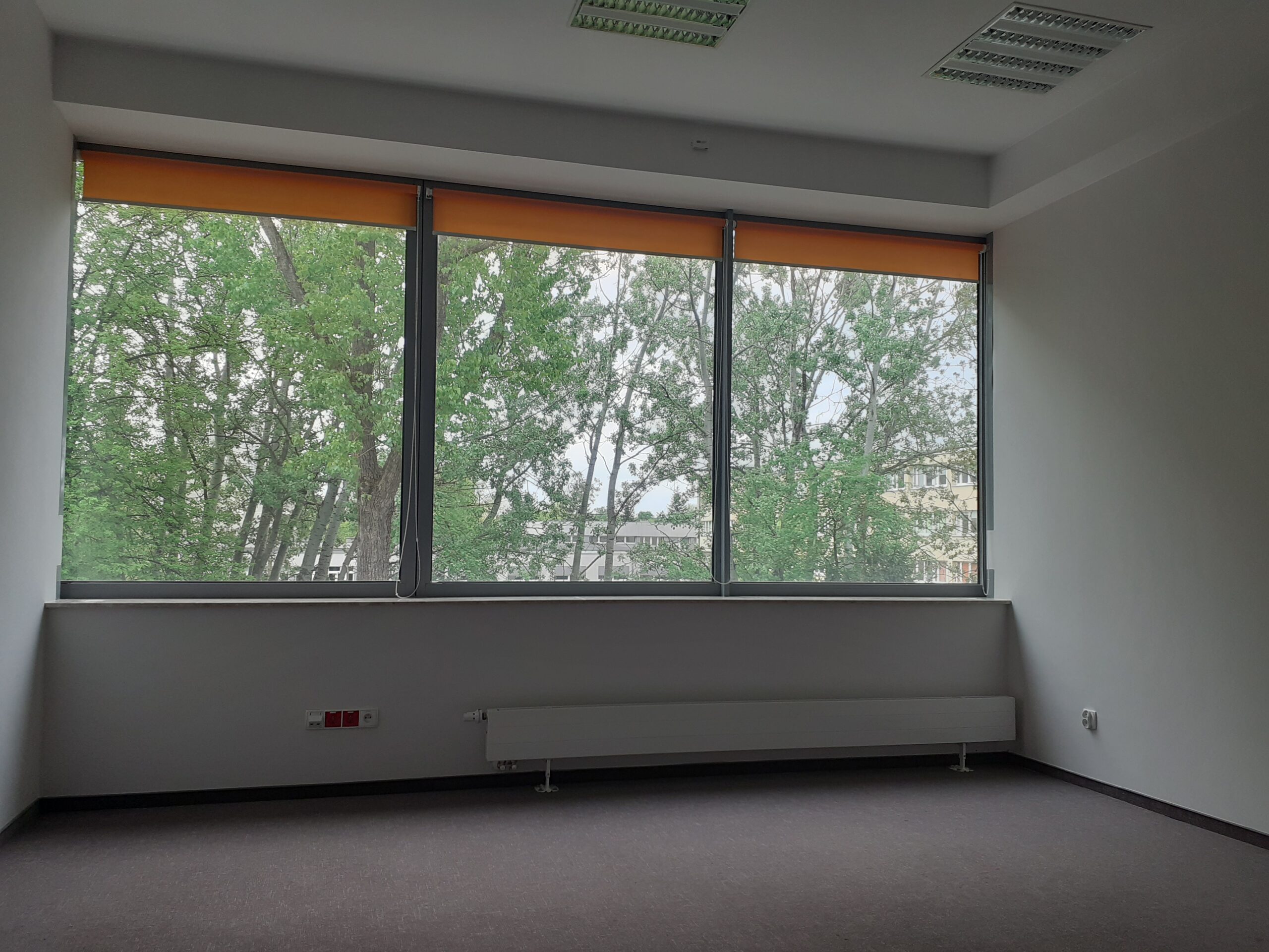 Na ścianie krótszej na wprost na całej szerokości są trzy okna jedno obok drugiego. Są zamontowane w oknach rolety w kolorze pomarańczowym.